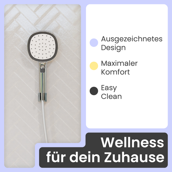 Handbrause mit quadratischem Brausekopf an einer Wandhalterung mit Produktmerkmalen für Wellness im Badezimmer