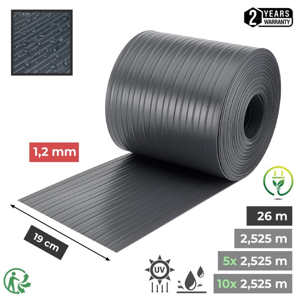 Graue Noppenbahn mit einer Dicke von 1,2 mm, einer Breite von 19 cm und einer Rollenlänge von 26 Metern, inklusive zwei Jahre Garantie, UV-beständig, wasserabweisend und recycelbar.