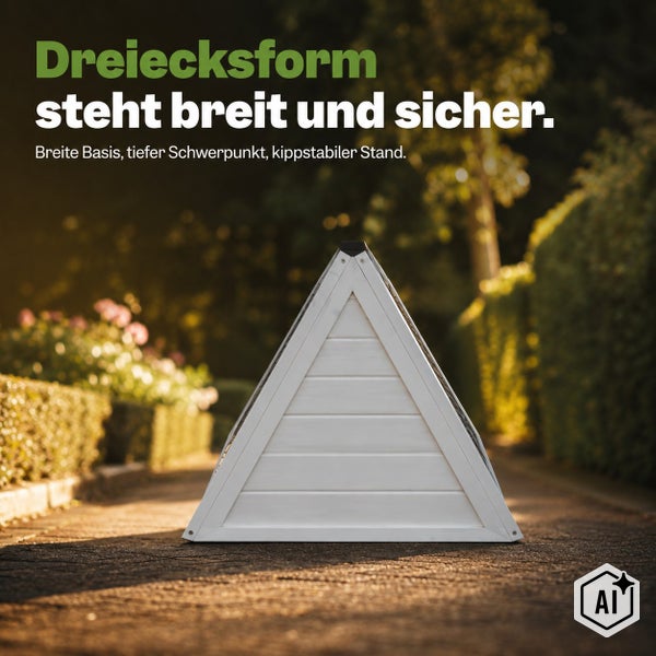 Ein dreieckiges Kleintiergehege aus Holz im Garten mit stabiler Konstruktion und breiter Standfläche.