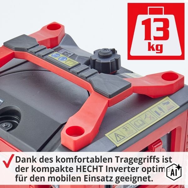 Tragegriff eines Hecht Inverter Stromerzeugers mit einem Gewicht von 13 Kilogramm für den mobilen Einsatz.
