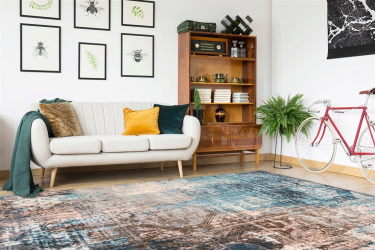 Flachflor Teppich Ember Blau / Braun Vintage 80 x 150 cm