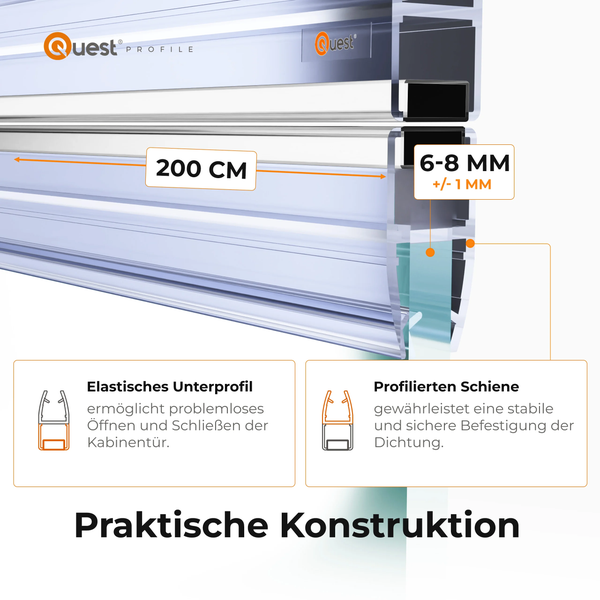 Quest Profile Logo. Duschdichtung, 200 Zentimeter lang, für 6 bis 8 Millimeter Glasstärke, mit elastischem Unterprofil und profilierter Schiene.