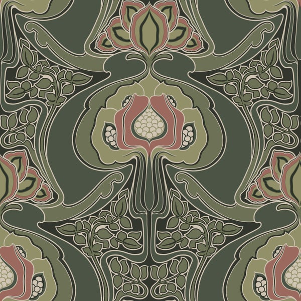 ESTAhome Tapete Blumenmuster im Jugendstil Dunkelgrün - 53 cm x 10.05 m - 139571