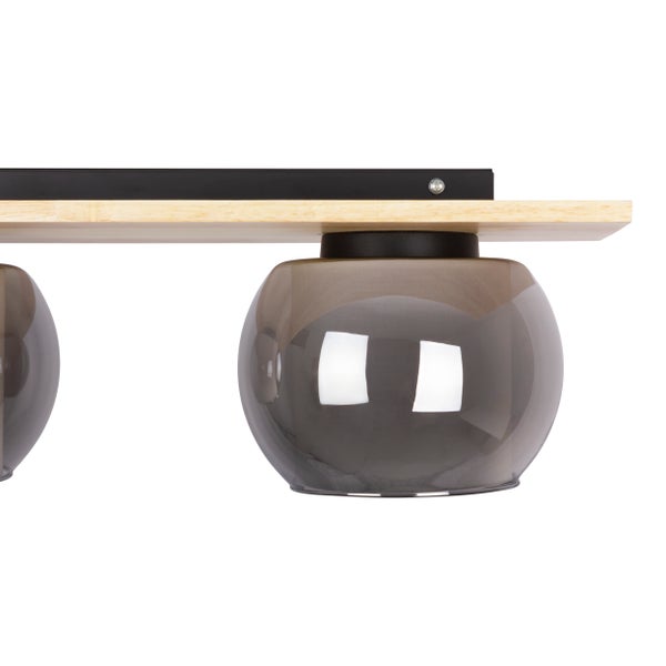 Deckenleuchte mit Glaskugelschirm und Holzsockel