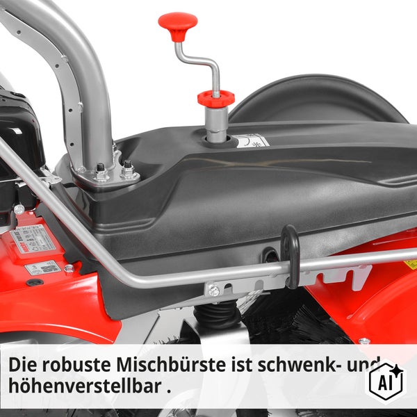 Detailansicht einer Kehrmaschine mit einstellbarer und schwenkbarer Bürste zur einfachen Bedienung im Garten oder auf Wegen.