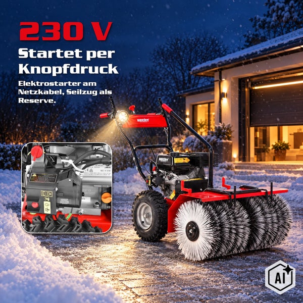 Hecht Kehrmaschine mit Elektrostart Funktion und Scheinwerfer zur Schneeräumung auf einem verschneiten Hof vor einer Garage.