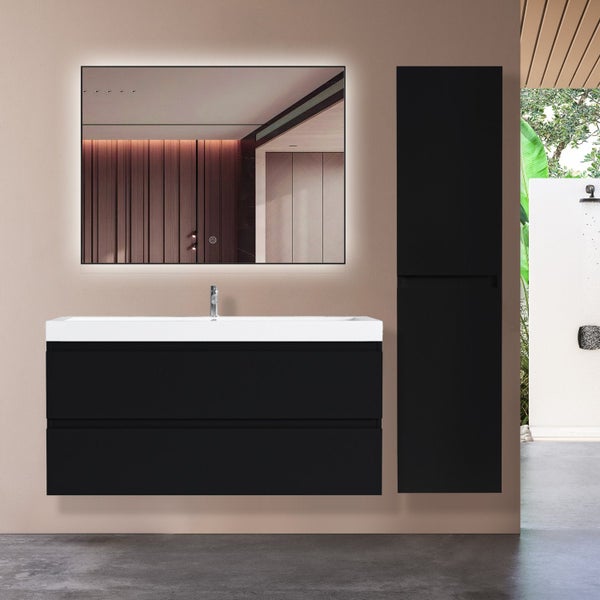 Modernes Badezimmermöbel-Set mit schwarzem Waschtischunterschrank, weißem Waschbecken, beleuchtetem Spiegel und Hochschrank in hellem Badezimmer.