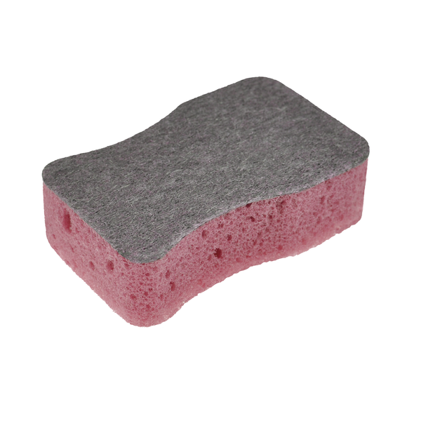 Reinigungsschwamm mit ergonomischer Griffmulde, rosa Schwammseite und grauer Scheuerseite.