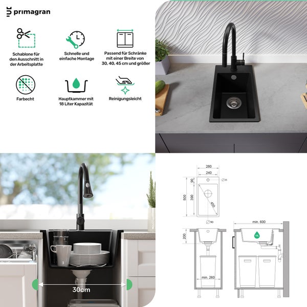 Spüle mit Armatur in einer Küchenszene mit technischen Zeichnungen und Symbolen für Eigenschaften