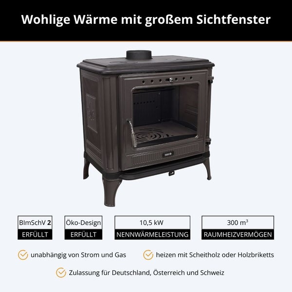 Kaminofen aus Gusseisen mit großem Sichtfenster, 10,5 Kilowatt Nennwärmeleistung und 300 Kubikmeter Raumheizvermögen.