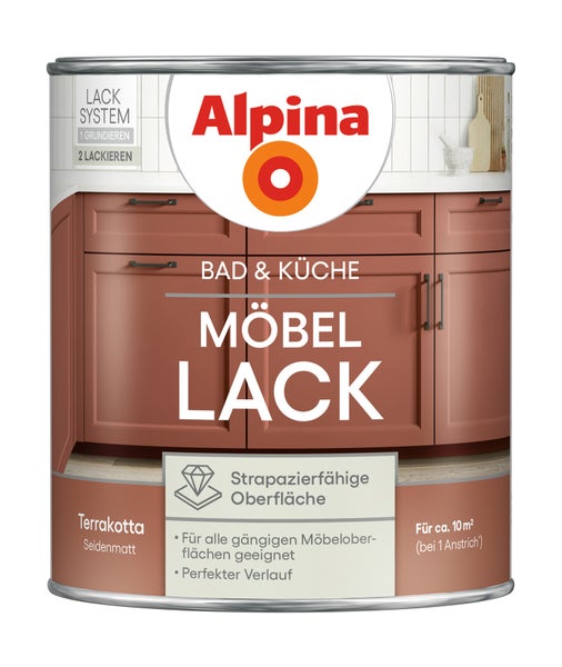 Alpina Möbellack für Bad und Küche, seidenmatt, Farbe Terrakotta, für circa 10 Quadratmeter.