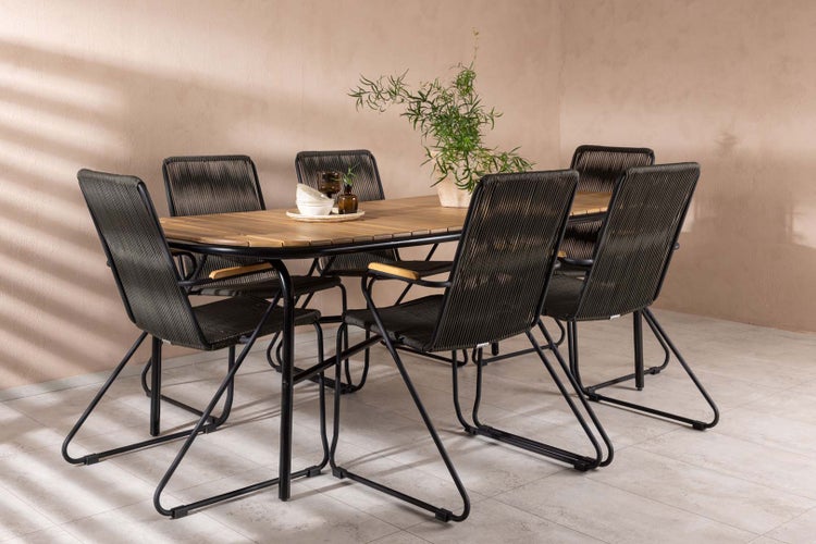 Holmbeck Gartenset Tisch 90x200cm natur, 6 Stühle Bois schwarz. 90 X 200 X 75 cm