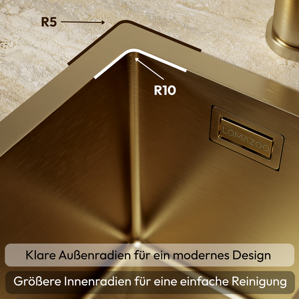 Küchenspüle aus Metall mit markierten Radien für Design und Reinigung mit Lomazoo Logo