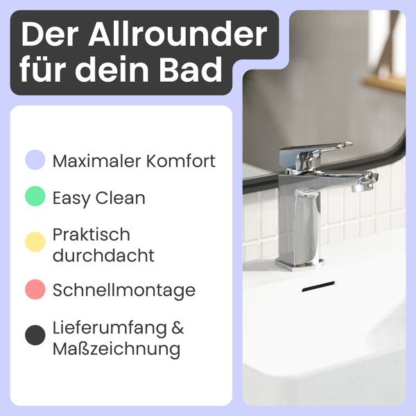 Badarmatur auf einem Waschbecken mit Informationen zu Komfort, Reinigung, Design, schneller Montage und Lieferumfang