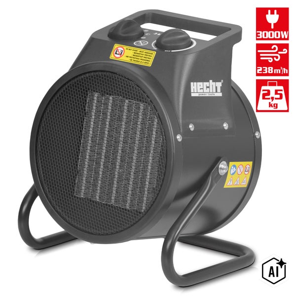Hecht Elektroheizgebläse mit 3000 Watt Leistung und 238 Kubikmeter pro Stunde Luftdurchsatz bei 2,5 Kilogramm Gewicht.