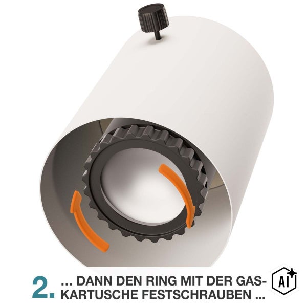 Illustrierte Montageanleitung für Gaskartusche, Schritt zwei: Festschrauben des Rings an der Gaskartusche durch Drehen.