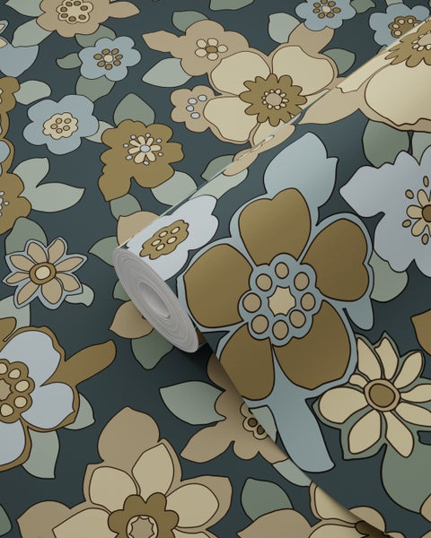 ESTAhome Tapete Retro Blumen Dunkelblau - 50 x 900 cm - 131527