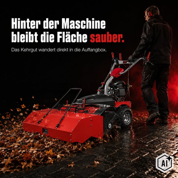 Eine Person bedient eine motorisierte Kehrmaschine, die Laub von einem gepflasterten Boden in eine Auffangbox kehrt.