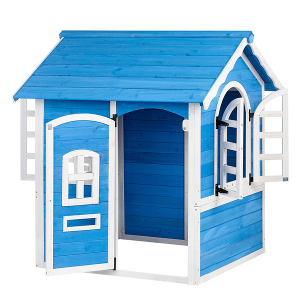 Blaues Kinderspielhaus aus Holz mit weißen Akzenten, Tür und Fenster sind geöffnet.