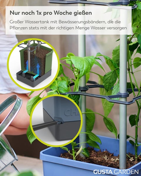 Pflanzgefäß mit Bewässerungssystem und Rankhilfe für Pflanzen