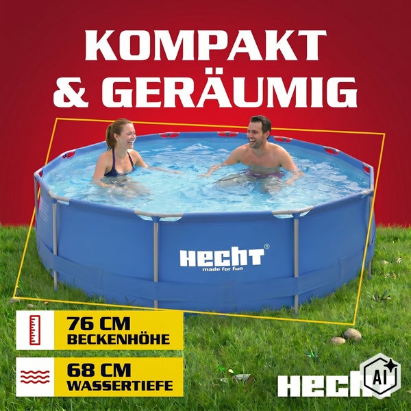 Rundes Hecht Frame Pool mit 76 Zentimeter Beckenhöhe und 68 Zentimeter Wassertiefe für zwei Personen auf einer Rasenfläche