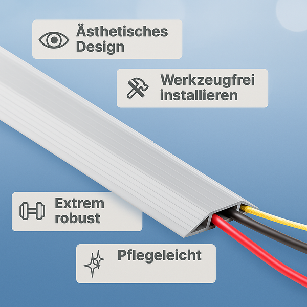 Eine Person zieht eine graue Kabelschutzleiste mit einem Hubwagen über einen grauen Boden.