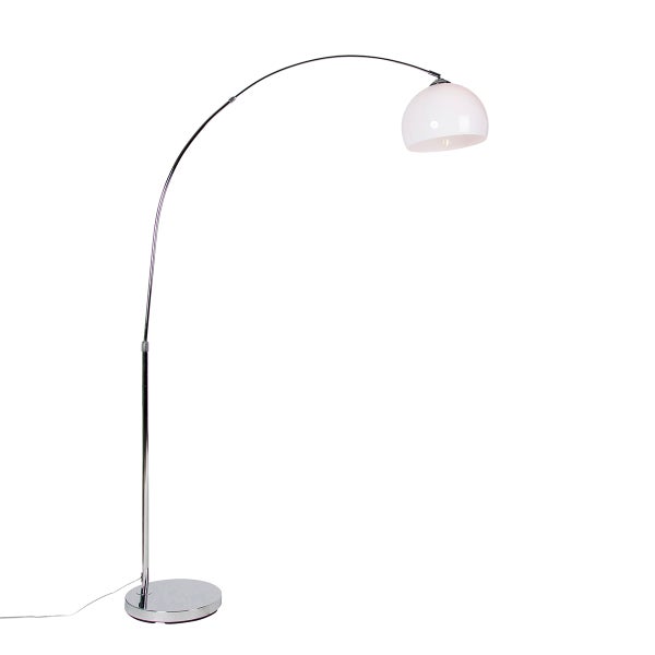 QAZQA - Moderne Bogenlampe Chrom mit weißem Schirm - Arc Basic I Wohnzimmer - Stahl Rund I Länglich - LED geeignet E27