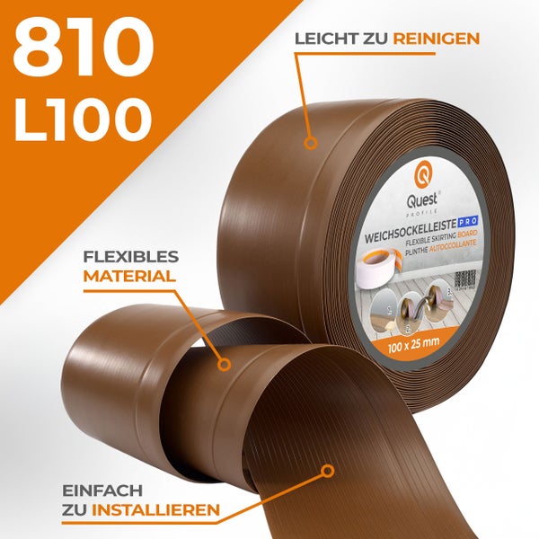 Quest Profile Weichsockelleiste auf Rolle 100 mal 25 Millimeter aus flexiblem Kunststoff für einfache Montage und Reinigung.