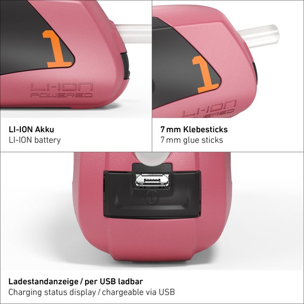 Details zur Akku Heißklebepistole mit Lithium Ionen Akku, 7 Millimeter Klebesticks und USB Ladeanschluss mit Ladestandanzeige.