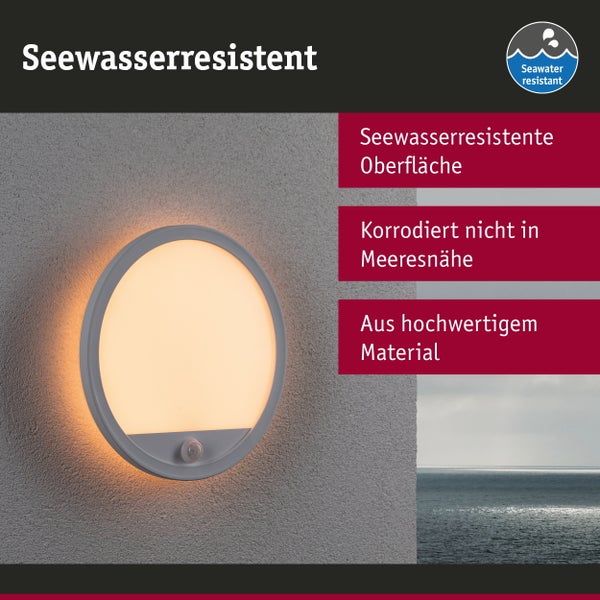 Runde LED Außenwandleuchte mit Bewegungsmelder, geeignet für Küstenregionen dank seewasserfester Oberfläche und hochwertigem Material.