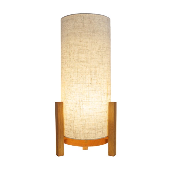 Tischleuchte mit Stoffschirm und Holzfuß