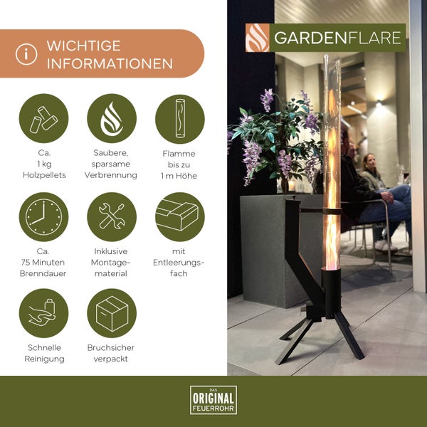 Gardenflare Edelstahl Feuersäule mit Feuerrohr und Pelletfackel für Tolles Ambiente-Feuer – Elegante Terrassenheizer und Gartenkamin die Alternative für deine Terrasse und Garten (Schwarz Pulverbeschichtet)