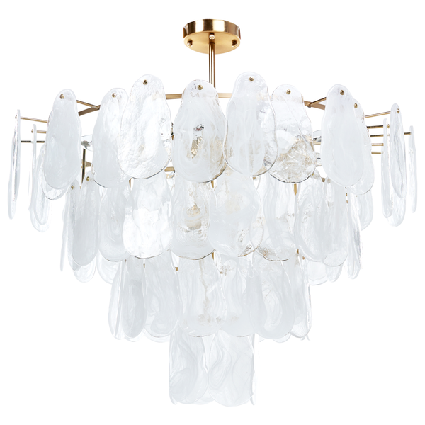 Mehrstufiger Kronleuchter mit Glasschirm und goldfarbenem Rahmen