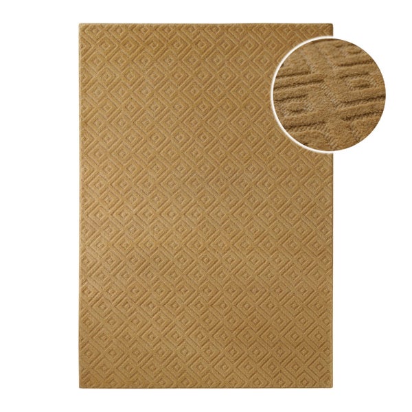 Rechteckiger Kurzflor-Teppich mit geometrischem Rautenmuster, ockerfarben.