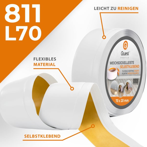 Quest Weichsockelleiste, Breite Sockelleiste 70 x 20 mm, PVC Knickleiste für Wand, Boden, Flexibel, Weiß, 1 Meter