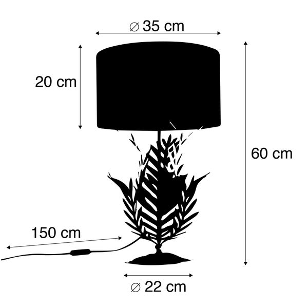 Abmessungen der Tischleuchte: Durchmesser Schirm 35 cm, Höhe 60 cm, Durchmesser Fuß 22 cm, Kabellänge 150 cm