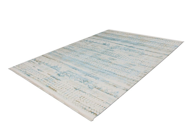 Rechteckiger Teppich mit geometrischem Streifenmuster in Blau und Beige.