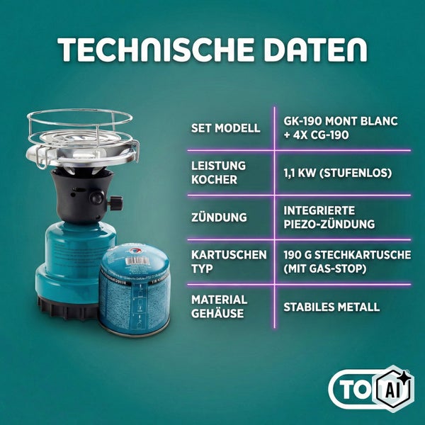 Technische Daten zum Gaskocher Set GK 190 Mont Blanc mit vier Gaskartuschen und integrierter Piezo Zündung sowie einer Leistung von 1,1 Kilowatt.