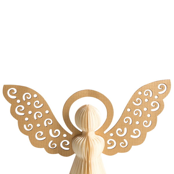 Dekorativer Engel aus Papier mit filigranen Flügeln und Heiligenschein