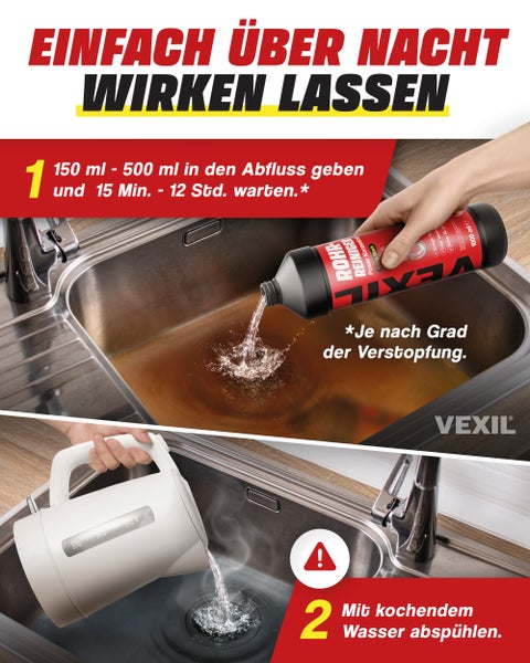 Anwendungshinweise für Vexil Rohrreiniger: Produkt in den Abfluss geben, einwirken lassen und mit kochendem Wasser nachspülen.