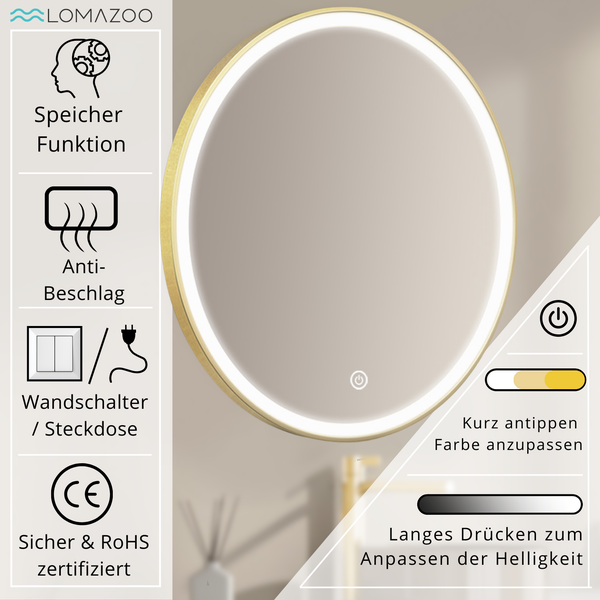 Runder LED Badspiegel von Lomazoo mit Beleuchtung, Anti-Beschlag Funktion, Speicherfunktion und Touch-Steuerung für Helligkeit und Lichtfarbe.