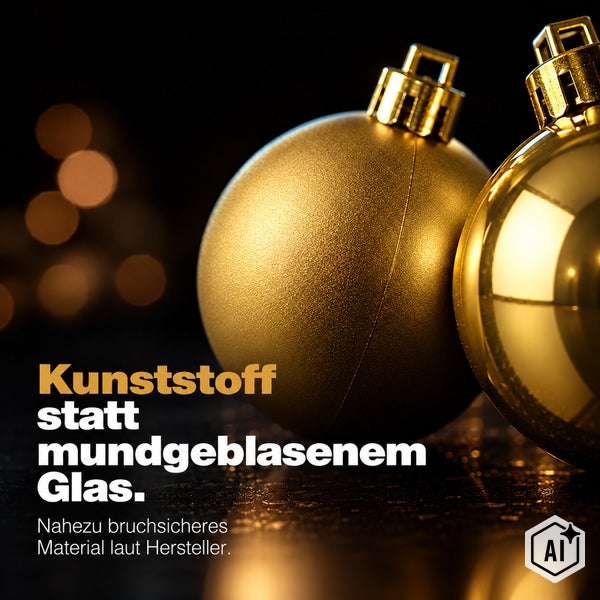 Zwei Weihnachtskugeln aus Kunststoff in matter und glänzender Ausführung, nahezu bruchsicheres Material als Alternative zu mundgeblasenem Glas.