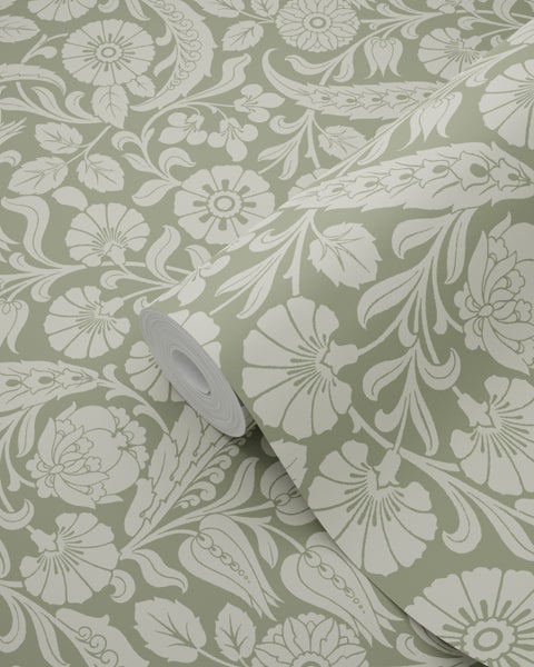 ESTAhome Tapete Blumenmuster Olivgrün - 50 x 900 cm - 139784