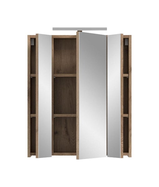 Dreitüriger Badezimmer-Spiegelschrank in Holzoptik mit Beleuchtung und geöffneter mittlerer Tür, die Innenfächer zeigt.