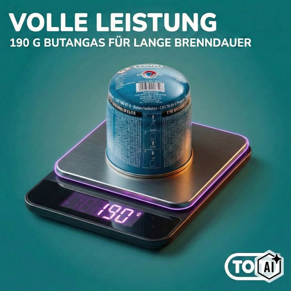 TOM Stechkartusche mit 190 Gramm Butangas auf einer digitalen Küchenwaage die 190 Gramm anzeigt