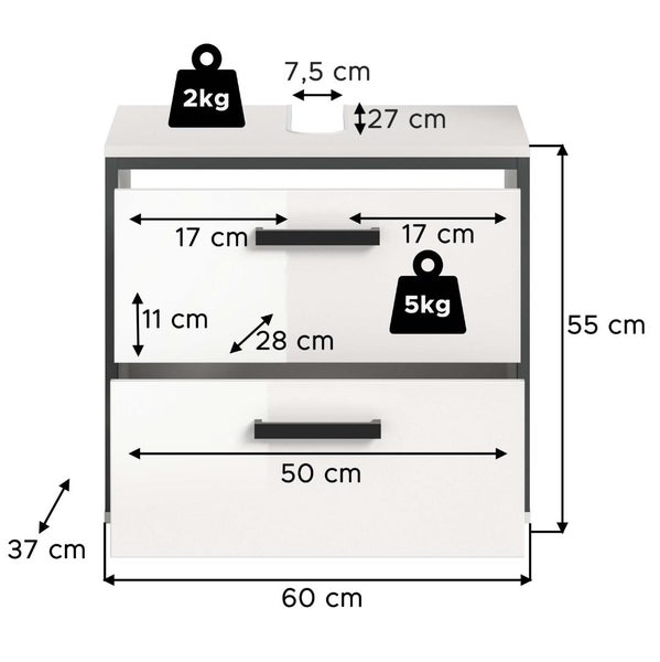 Maßzeichnung eines Waschtischunterschranks mit zwei Schubladen und den Maßen des Produkts