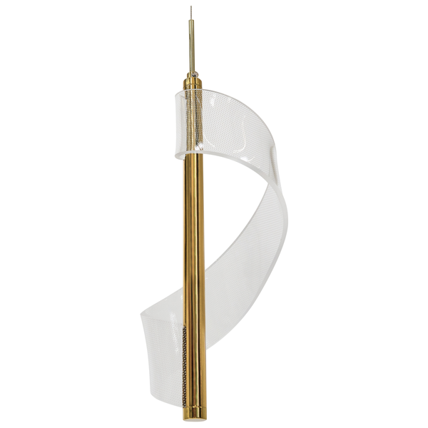 Dekorative Pendelleuchte mit transparentem Lampenschirm und goldenem Stab