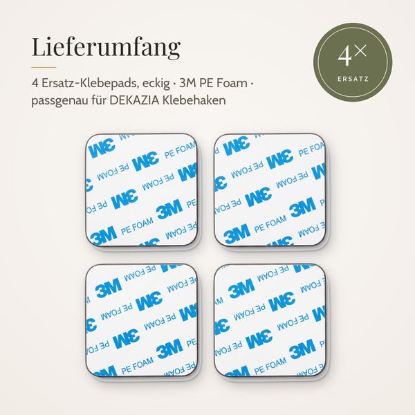 Set mit 4 quadratischen 3M PE Schaumstoff Klebepads als Ersatz für Dekazia Klebehaken.