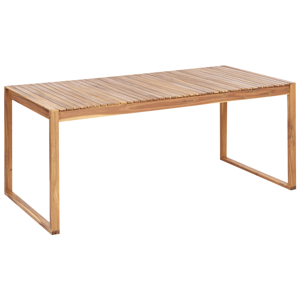 Rechteckiger Gartentisch aus Holzlatten mit U-förmigen Beinen.