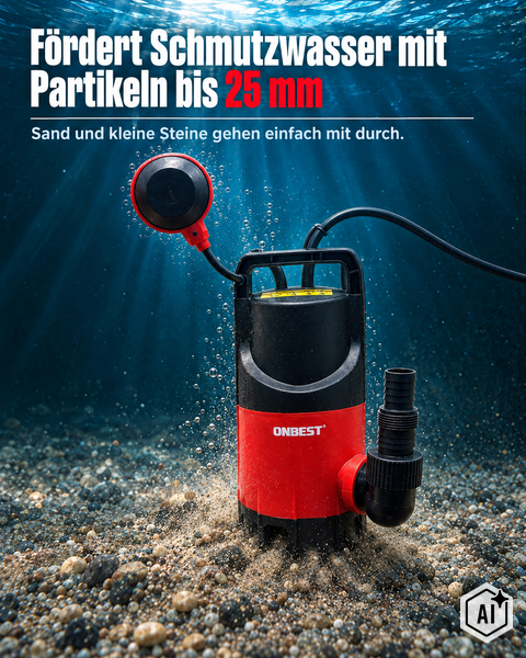 Schmutzwasserpumpe ONBEST mit Schwimmerschalter zur Förderung von Wasser mit Partikeln bis 25 Millimeter Korngröße.